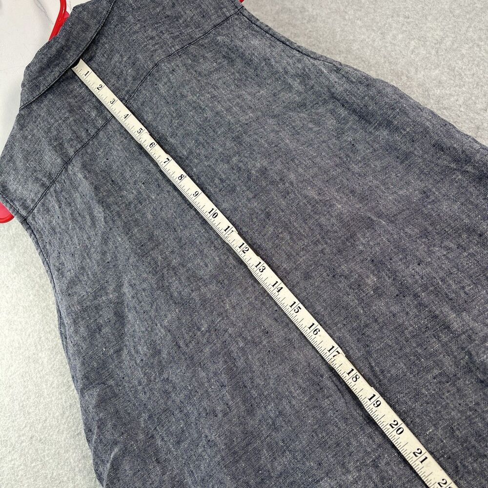 Pure Navy Blue Shirt Dress Collared Sleeveless Button Knee Length 100% Linen M - Picture 10 of 12
